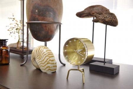 The George Nelson Tripod desk clock is one of several desk clocks that are available in a diverse range of shapes and materials.