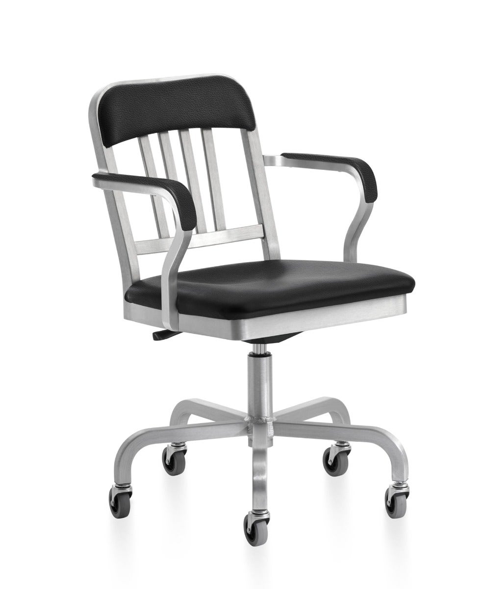 Emeco Classic Navy Officer Semi-Upholstered Swivel Arm Chair