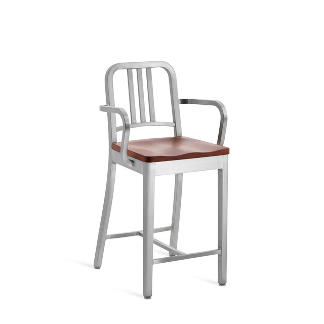 Emeco Navy™ Counter Stool With Natural Wood Seat and Arms