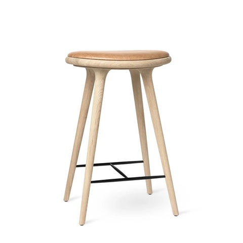 Mater Stool with Natural Leather Seat, Natural Soap Oak