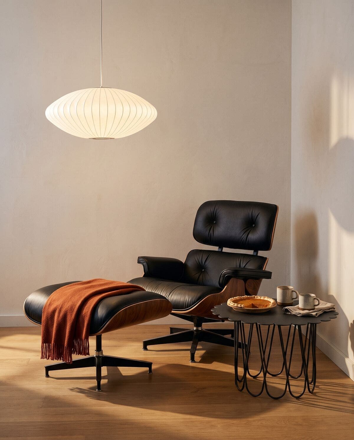 An Eames lounge chair and ottoman beside a Girard flower table with pumpkin pie, under a Nelson Saucer pendant