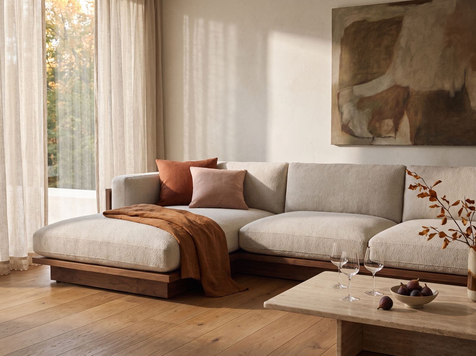 The Herman Miller Pawson Drift chaise sectional in a sunlit living room, set for guests